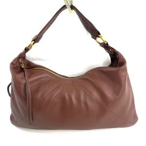 Hobo International Brown Leather East West Shoulder Bag Brass Side Zip Pocket
